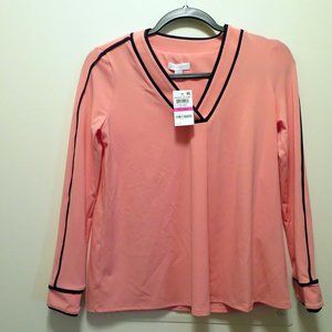 NWT Charter Club PP Soft Coral with Navy Piping Long Sleeve Stretch V-Neck Top